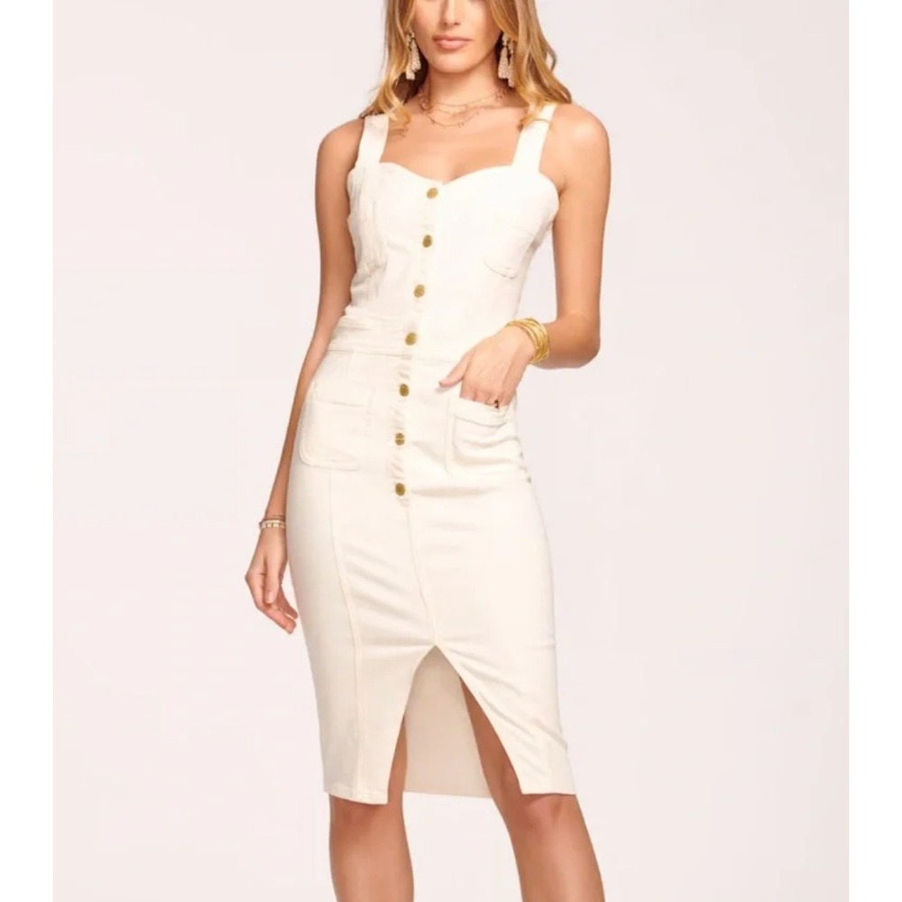 Ramy Brook Denim Midi Dress 25/0 Ivory Button Front Sleeveless Utility Bodycon